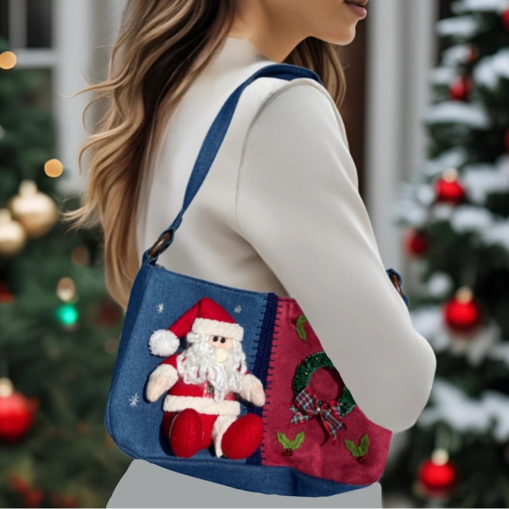 Cappelli Straworld Denim Shoulder Bag Santa Wreath Purse Christmas 2010